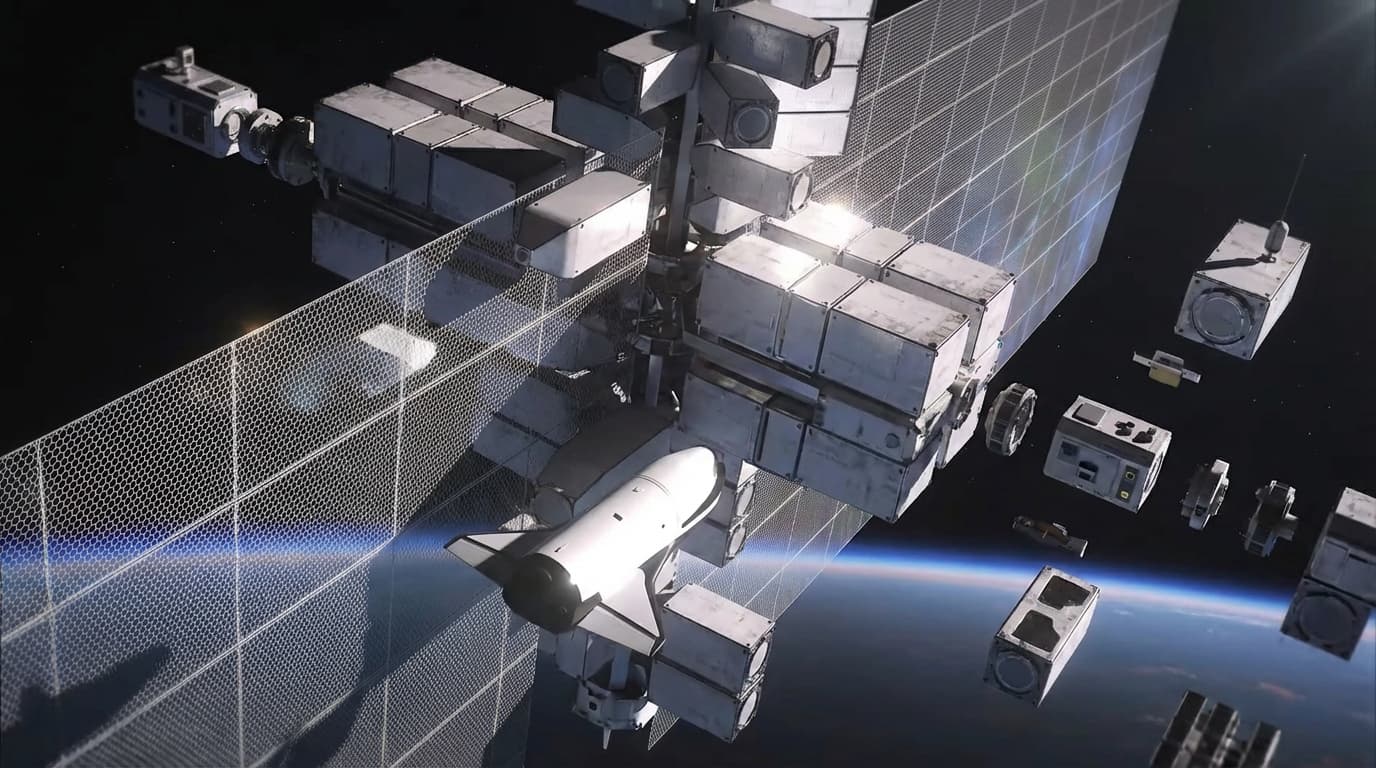 Orbital satellite with solar panels and radiators serving as a space data center above Earth
