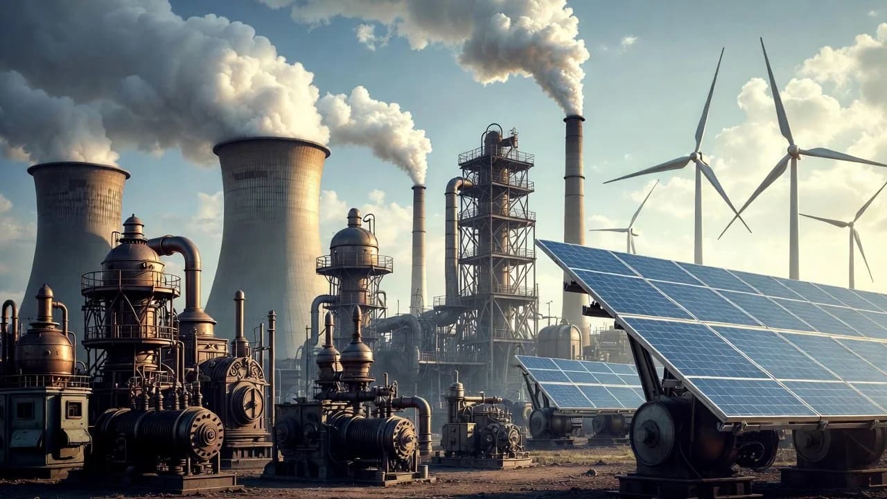 Data center servers linked to solar panels and battery storage illustrating rising AI energy demand