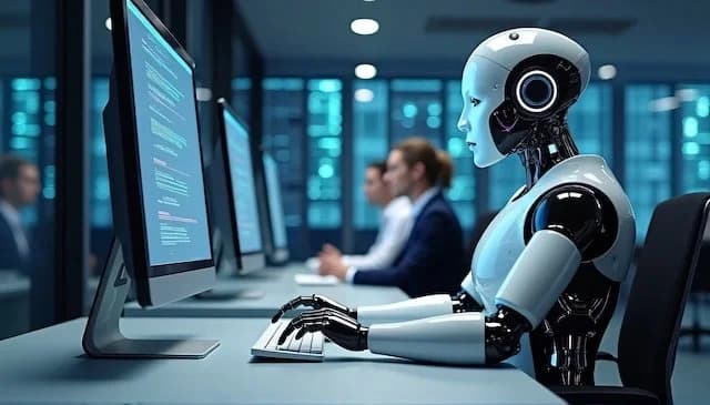 Illustration of AI agents replacing office workers in 2026, showing the shift from human roles to automation