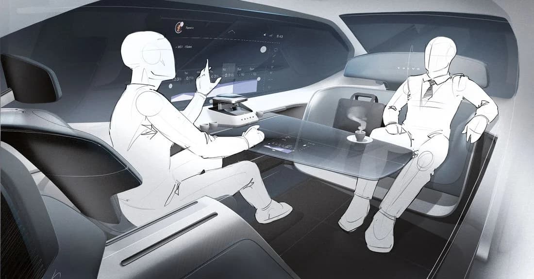 Autonomous vehicles concept showing a self-driving van interior converted into a mobile lounge