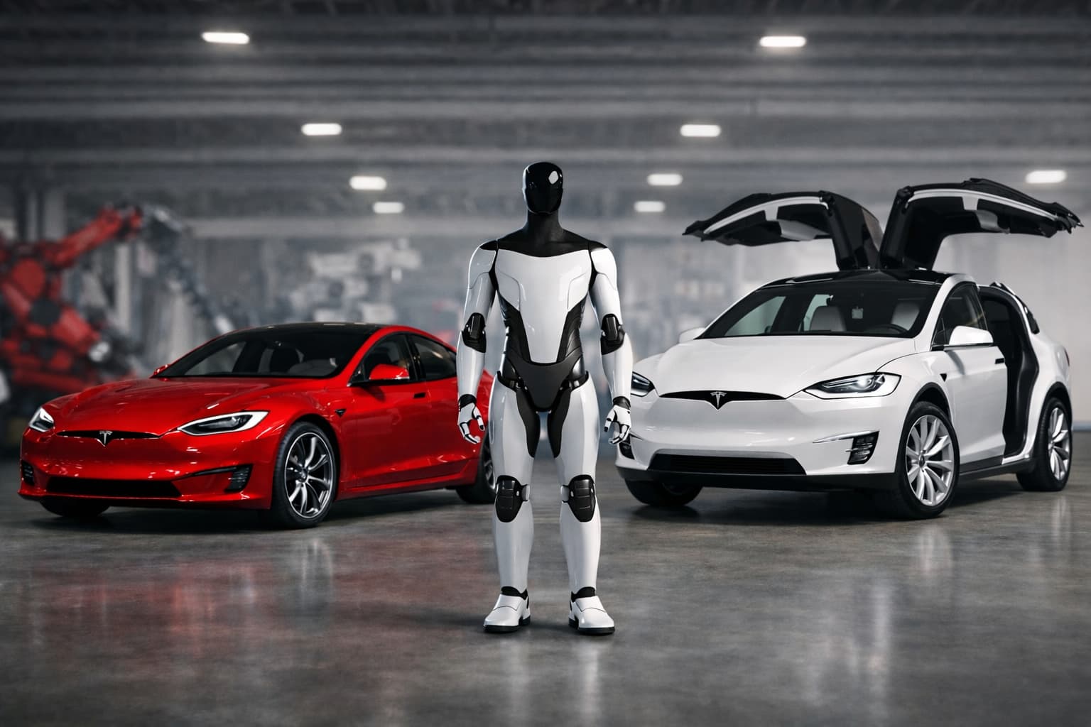 Tesla 2025 production ramp with Cybercab robotaxi, Optimus robot, and Giga factory lines