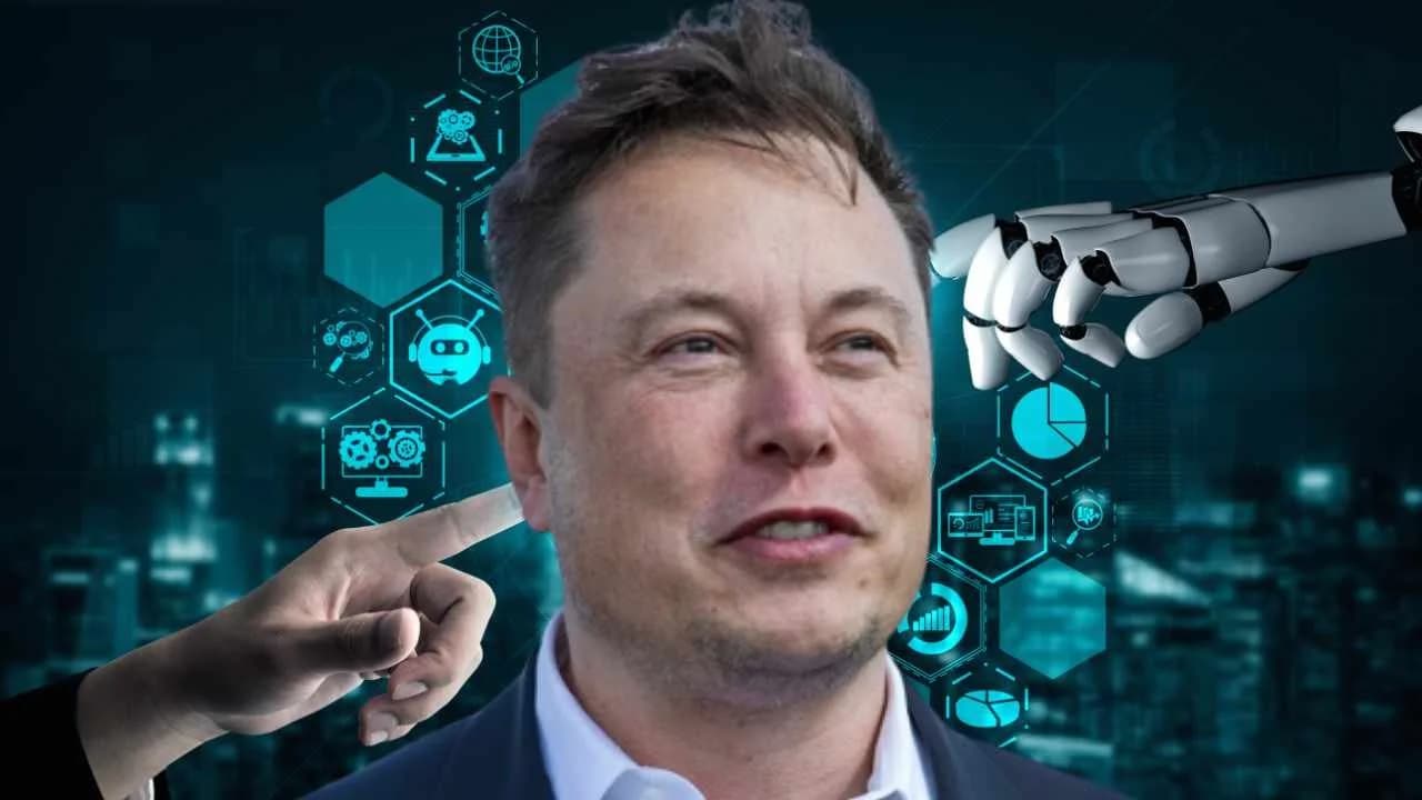 Tesla autonomous vehicles and a humanoid robot working on a factory floor