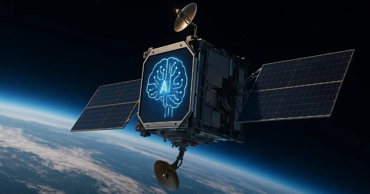 Solar-powered space based AI satellites orbiting Earth with radiator panels catching sunlight