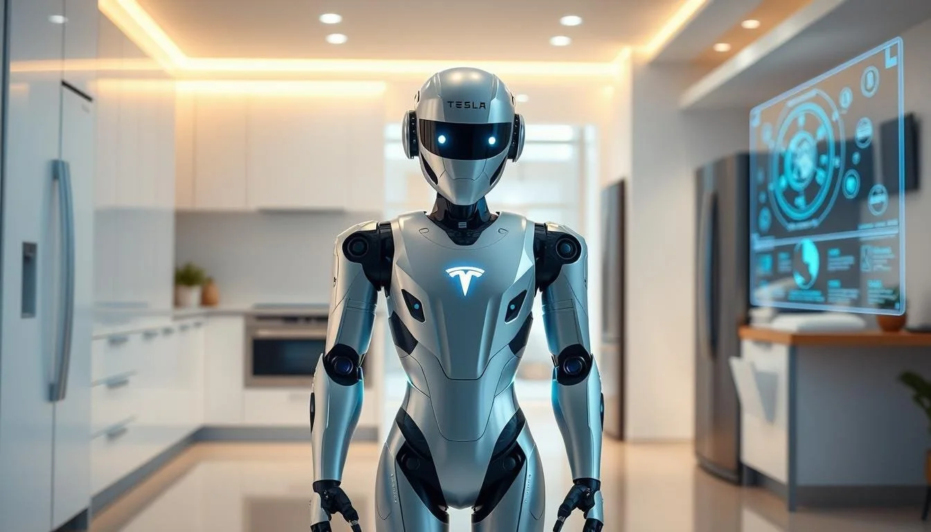 Tesla humanoid robots working on a factory line beside vehicles and AI compute hardware