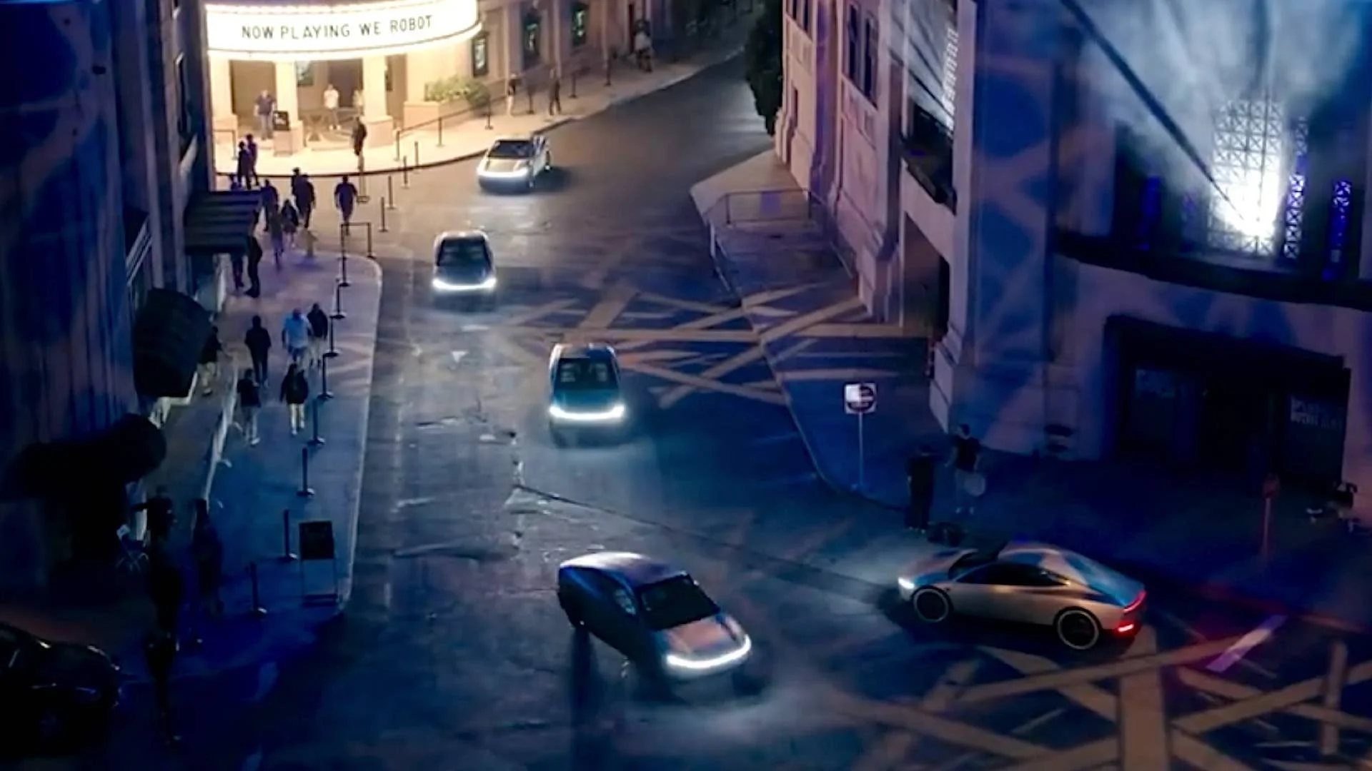 Tesla Cybercab strategy: driverless two-seater robotaxi on a city street at dusk