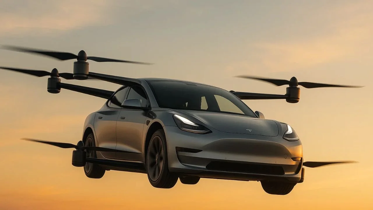 Elon Musk AI predictions illustration showing a flying electric car above a connected fleet of vehicles