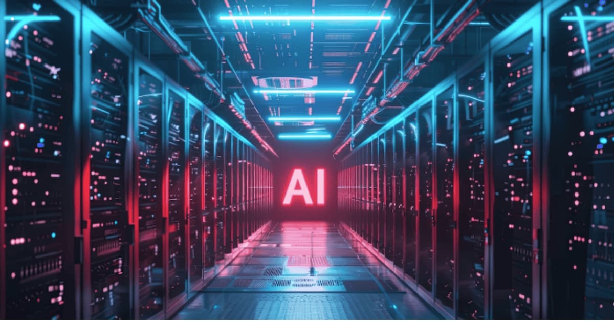 Rows of AI data center servers behind a caution barrier, illustrating the fight over banning AI data centers