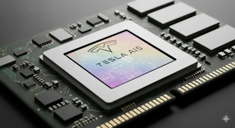 Tesla custom AI chip, the AI5 inference silicon, set against a domestic fab and orbital data center backdrop