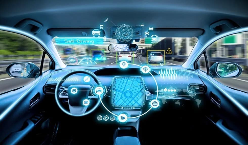Self-driving cars moving through a quiet, green city street where parking lots became parks and plazas