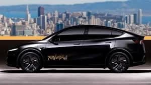 A driverless Tesla Model Y robotaxi picking up a passenger on an Austin street with no one in the driver's seat