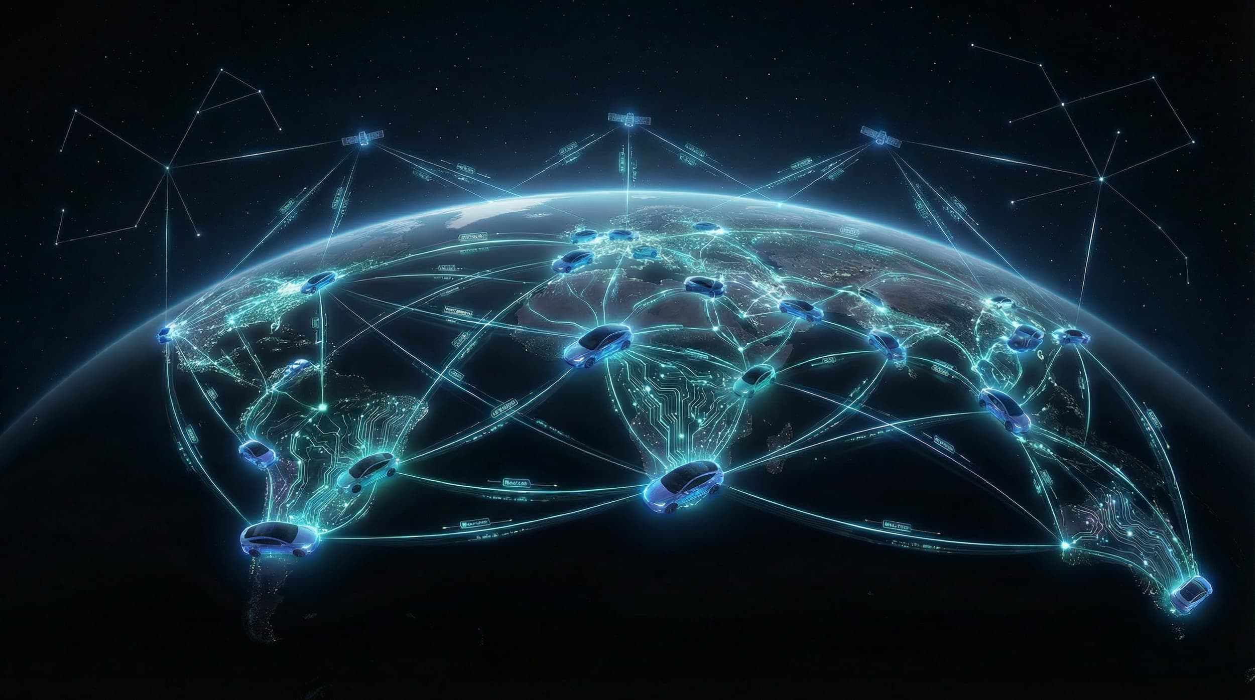 Fleet of parked Tesla vehicles linked by satellite signals forming a distributed AI compute network