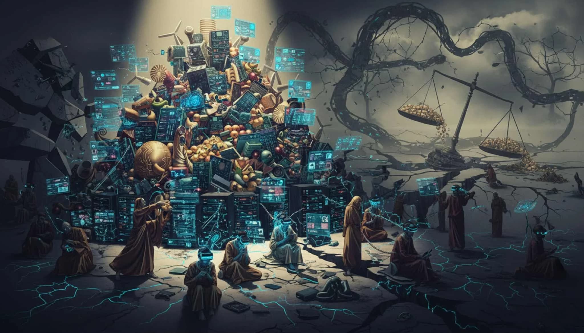 Illustration of a thriving tech city facing decline, showing the abundance trap of unlimited resources