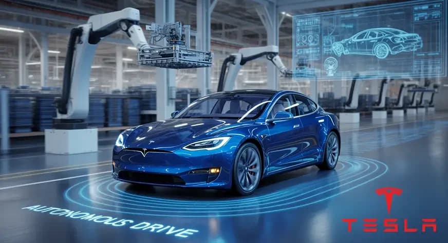 Tesla factory floor showing humanoid robots and autonomous vehicles built on Tesla physical AI