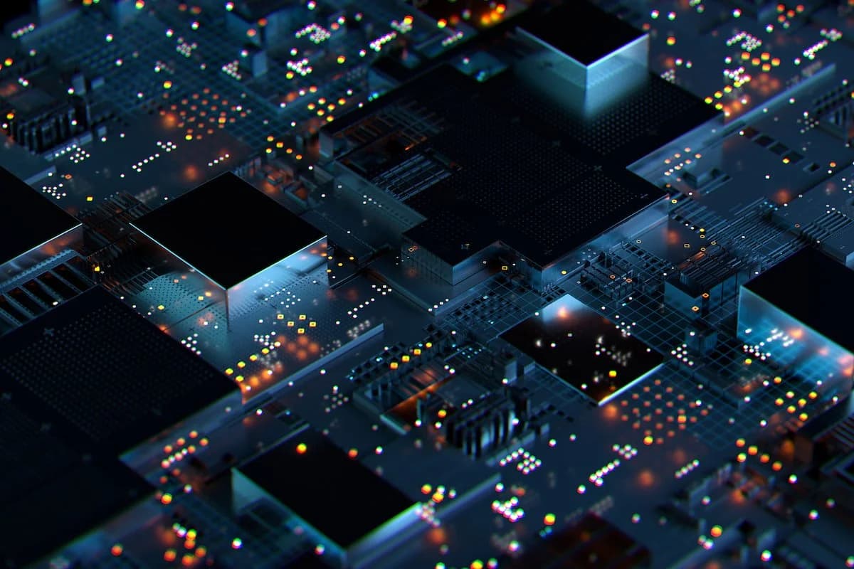 Robots and automated factories illustrating ai driven abundance beside a divided American city skyline