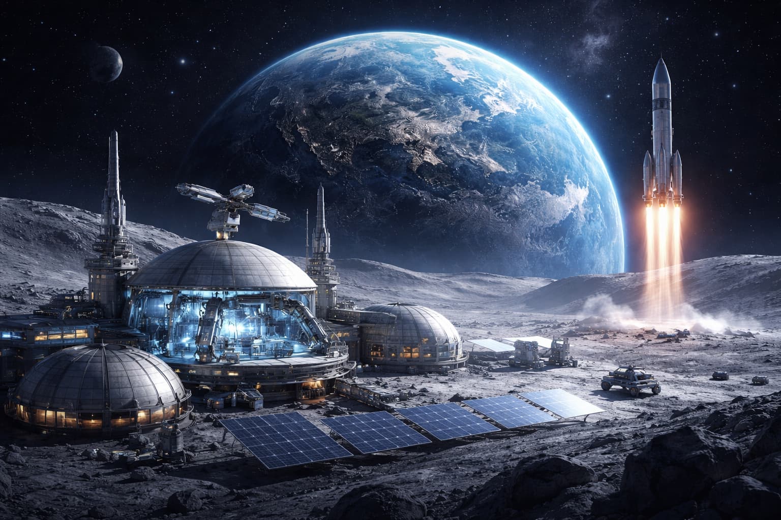 SpaceX moon strategy concept showing a lunar base with Starship and solar-powered AI data centers