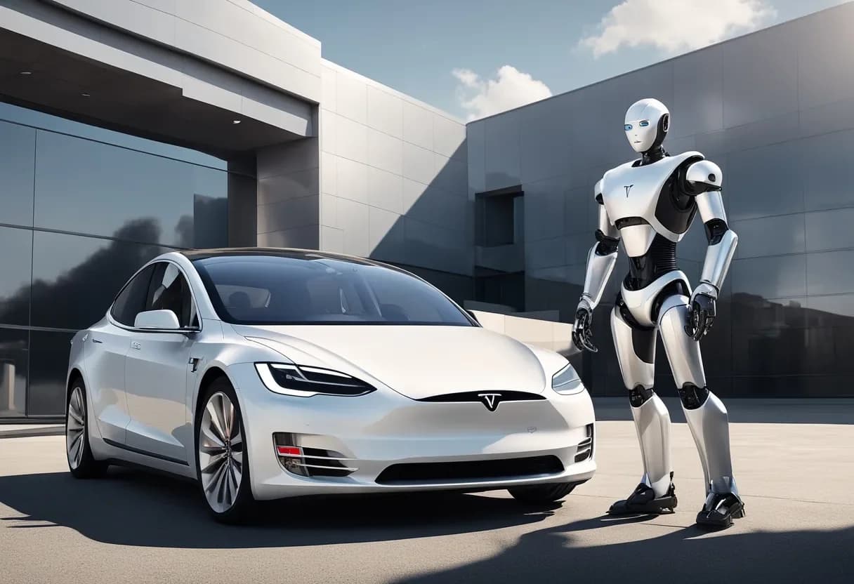 Tesla humanoid robots working alongside people, framed as an economic growth strategy