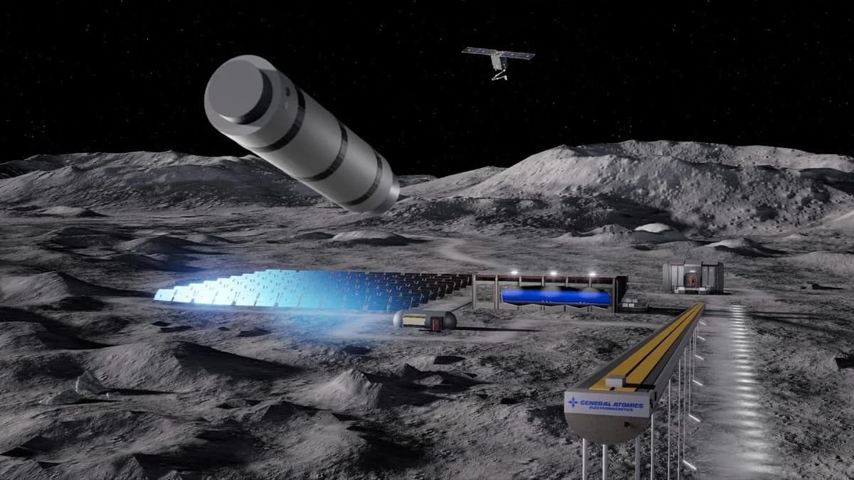Lunar manufacturing facility with solar arrays and an electromagnetic mass driver launching AI satellites into deep space