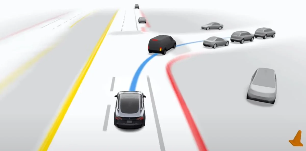 Tesla vehicle running FSD autonomously on a snowy road, illustrating the Tesla FSD global rollout