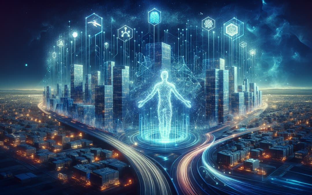 Abstract visual of the ai driven economy blending AI agents, UBI, and 3D printing shaping human work