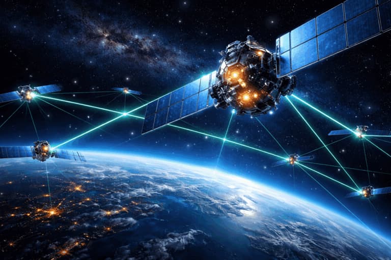 Orbital AI data centers circling Earth with solar arrays, powering space-based compute