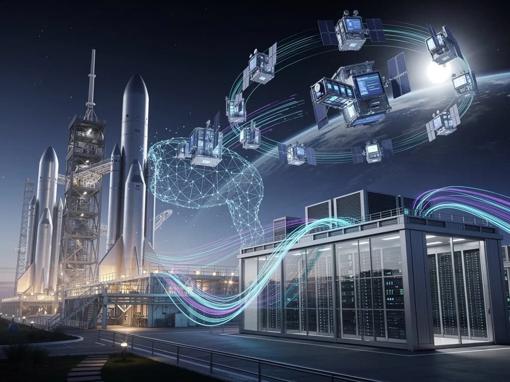 Orbital satellites forming a space based AI compute network above Earth, powered by solar panels