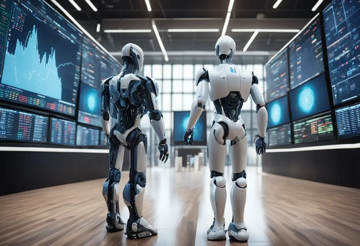 Rising market chart over AI chips and robotics, illustrating the coming ai bull market