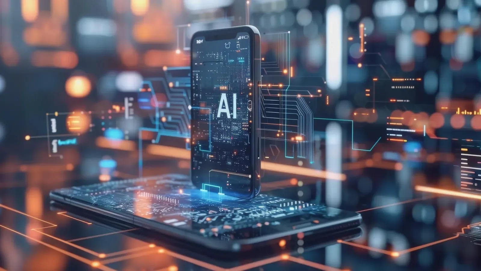 An ai smartphone glowing with a conversational assistant interface replacing rows of traditional apps