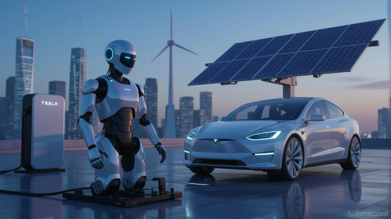 Tesla humanoid robots working on a factory floor beside autonomous vehicles in an AI-powered future