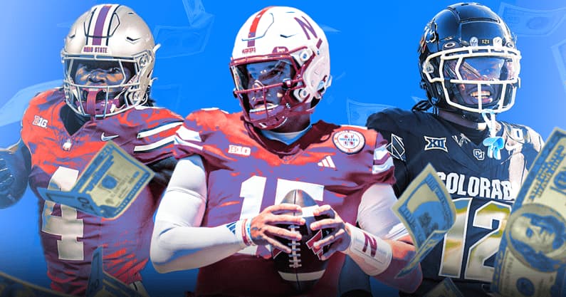 NIL college football player on the field surrounded by money and brand deals reshaping the sport