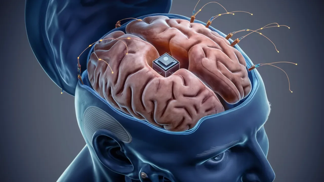 Illustration of brain implant speech interface decoding neural signals into a synthesized voice for an ALS patient