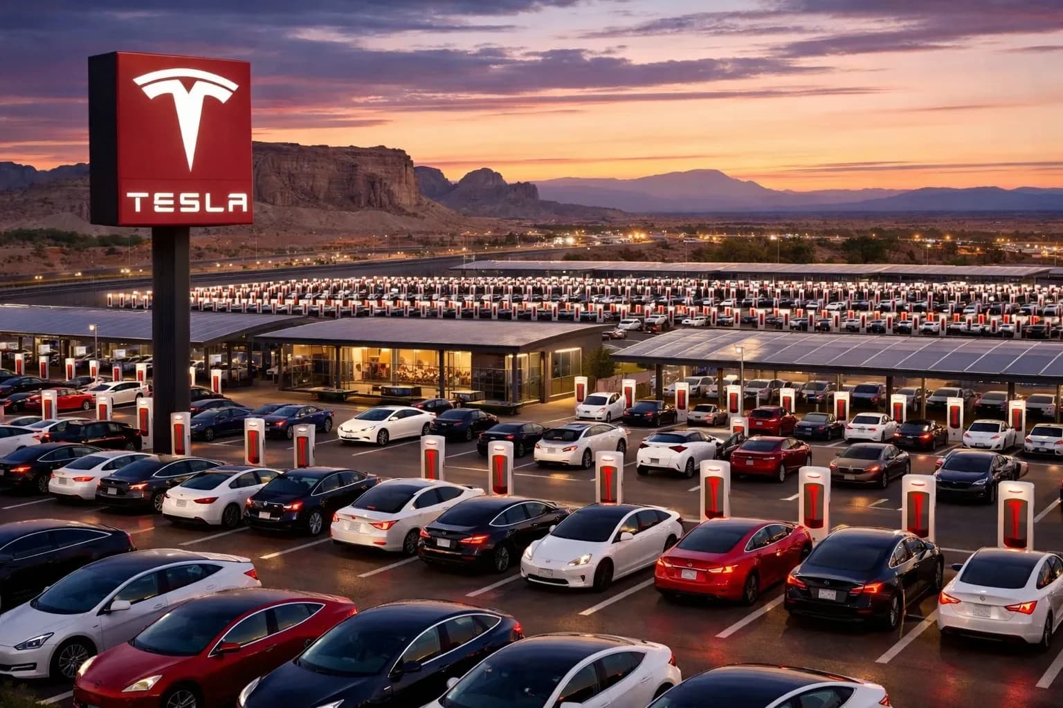 Tesla off-grid Superchargers with solar arrays and battery storage feeding AI compute nodes