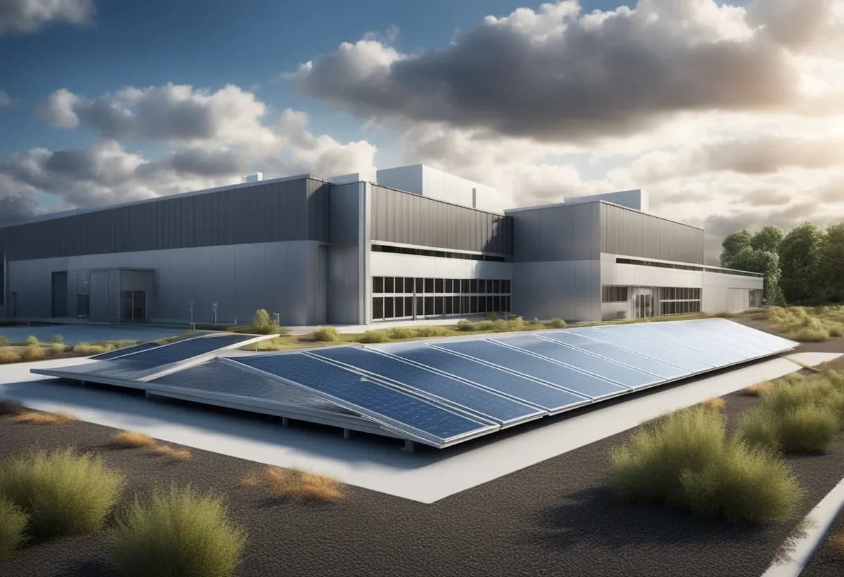 Tesla battery storage units beside an AI data center, illustrating tesla batteries for ai data centers
