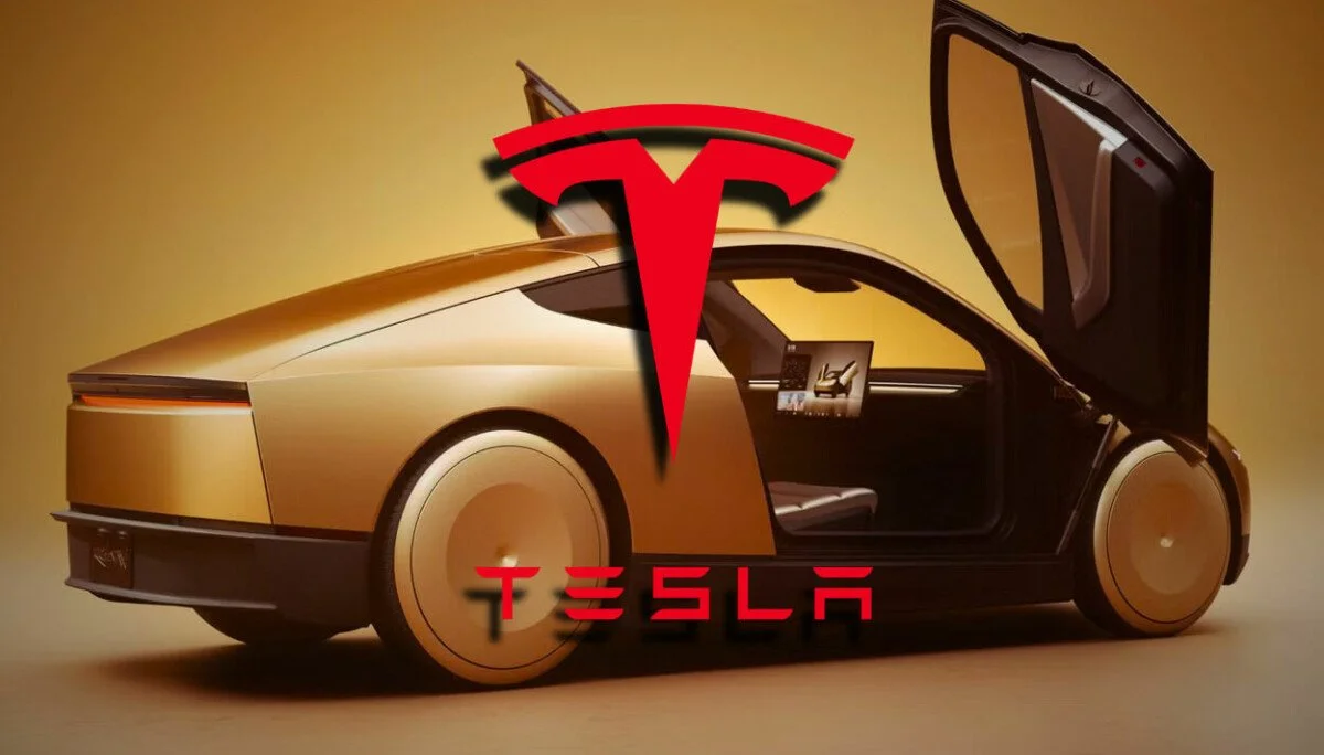 Tesla Cybercab robotaxi with a chart showing cost per mile dropping to 20 cents